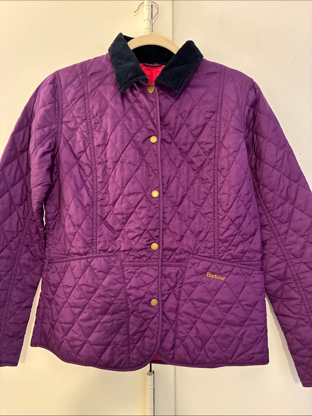 Flaw Barbour Purple Quilted Utility Jacket with Black Cord Collar